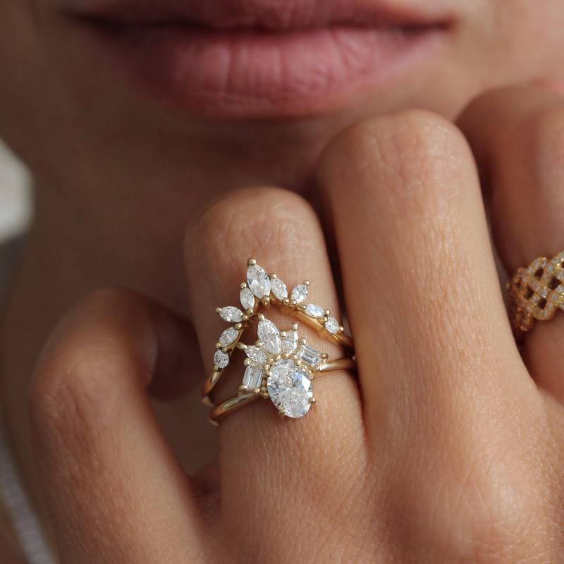 Oval Moissanit Und Diamanten, Marquise Baguette Asymmetrisch, Cluster Verlobungsring Art Deco Ring, Viktorianisch Inspiriert, Gatsby von SillyShinyGemstones