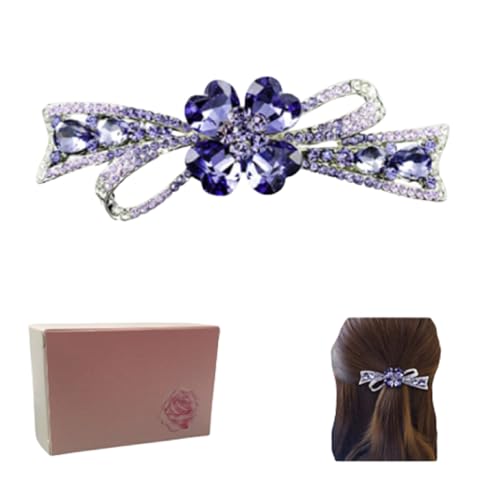 Haarspange mit Kristallblumen, violettes Strass-Schleifen-Design, silberfarbene Metall-Haarspange mit Geschenkbox von Siluannan