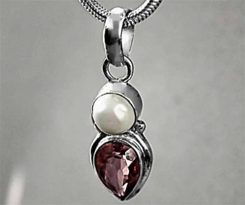 sterling Silber Anhänger Mit Vintage Runde Perle Und Facettierte Teardrop Amethyst Edelstein P645 von Silvagem