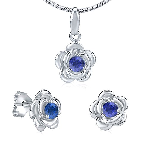 SILVEGO Damen Schmuck-Set aus 925 Sterling Silber Blume mit synthetischem Saphir Ohrstecker Anhänger Halskette 45-55 cm von SILVEGO