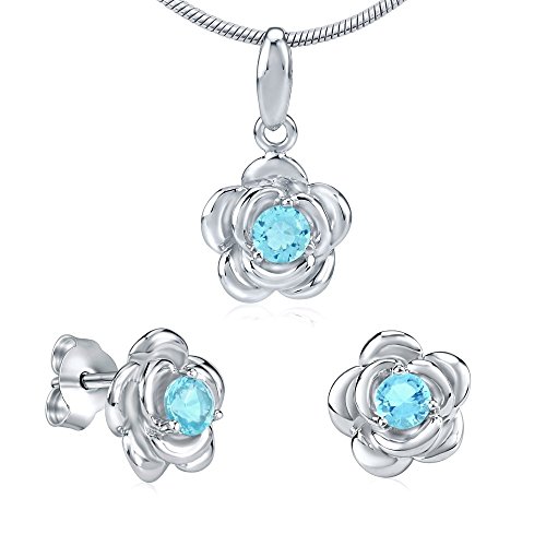 SILVEGO Damen Schmuck-Set aus 925 Sterling Silber Blume mit hellblauem Zirkonia Ohrstecker Anhänger Kette 45-55 cm von SILVEGO