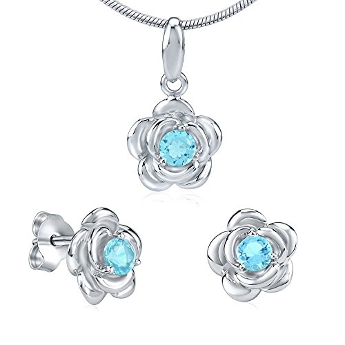 SILVEGO Damen Schmuck-Set aus 925 Sterling Silber Blume mit hellblauem Zirkonia Ohrstecker Anhänger Kette 45-55 cm von SILVEGO