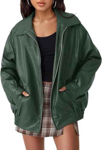 Silver Basic Damen Herbst und Winter Straße Oversized Motorrad Leder Jacke Reißverschluss Jacke-DarkGreen-M1 von Silver Basic