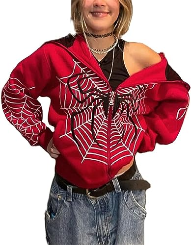 Silver Basic Damen Hip Hop Y2K Spider Kapuzenjacke mit durchgehendem Reißverschluss-Red-M1 von Silver Basic