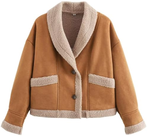 Silver Basic Damen Modisch und warm Pelz Einteilige Kurze Lammwolle Mantel Winterjacke-Khaki-M von Silver Basic