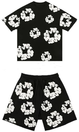Silver Basic Denim Tears Damen Street Fashion bedruckt zweiteiliges Sportswear Set Top+Shorts aus Baumwolle mit kurzen Ärmeln-DXDKTZ-Black-S1 von Silver Basic