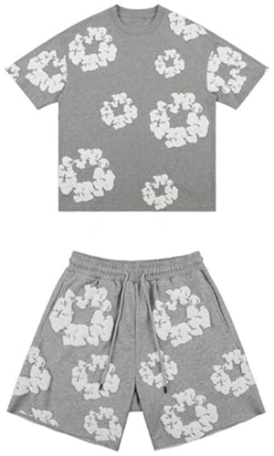 Silver Basic Denim Tears Damen Street Fashion bedruckt zweiteiliges Sportswear Set Top+Shorts aus Baumwolle mit kurzen Ärmeln-DXDKTZ-Grey-S1 von Silver Basic