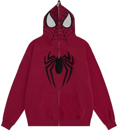 Silver Basic Herren Spider Cosplay Y2k Kapuzenpullover mit durchgehendem Reißverschluss-Red-L1 von Silver Basic