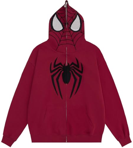 Silver Basic Herren Spider Cosplay Y2k Kapuzenpullover mit durchgehendem Reißverschluss-Red-M1 von Silver Basic