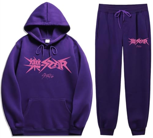 Silver Basic Herren Stray Kids Mütze Hoodie+Hose Herbst Sportswear Set Hip Hop Harajuku Jogginganzüge Trainingsanzug -Purple-M1 von Silver Basic