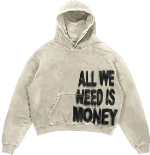 Silver Basic Herren Y2K All We Need is Money Bedruckter Hip-Hop Fashion Hoodie-Apricot-M1 von Silver Basic