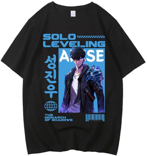 Silver Basic Solo Level Herren Sommer Bedruckt lose Anime Spiel Kurzarm Shirt-Black2-2XL1 von Silver Basic