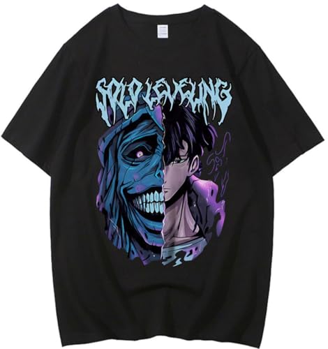 Silver Basic Solo Level Herren Sommer Bedruckt lose Anime Spiel Kurzarm Shirt-Black3-L1 von Silver Basic