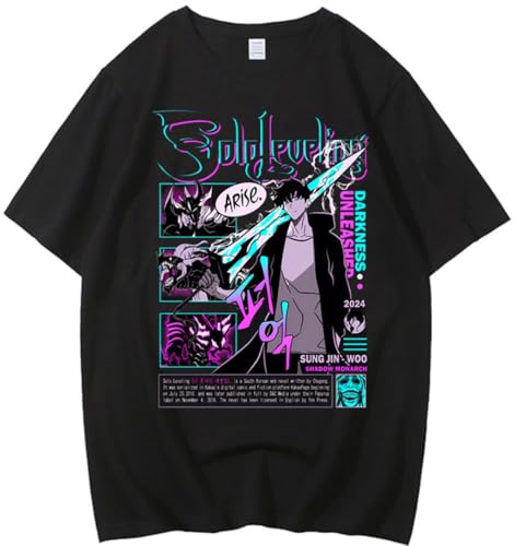 Silver Basic Solo Level Herren Sommer Bedruckt lose Anime Spiel Kurzarm Shirt-Black4-L1 von Silver Basic