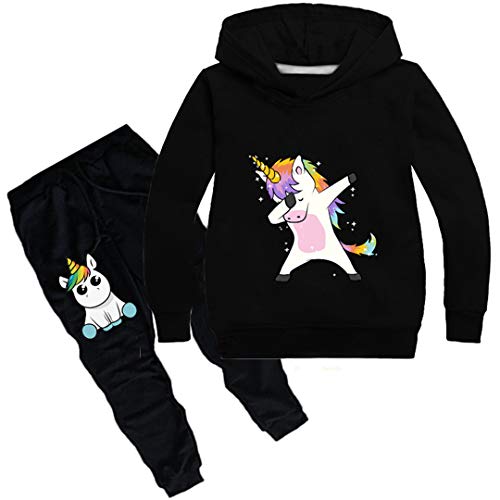 Silver Basic Unisex Einhorn Jogginganzüge Mädchen Baumwolle Fun-Bekleidung Kinder Kapuzenpullover & Hosen Sets Jungen Langarm Hoodie (110 (Höhe 85-95cm), Black) von Silver Basic