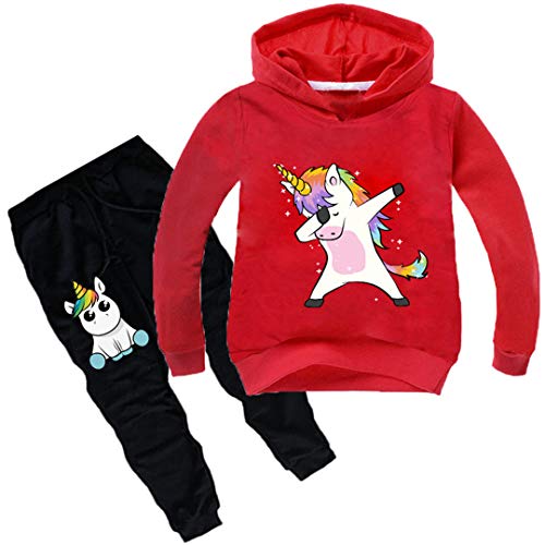 Silver Basic Unisex Einhorn Jogginganzüge Mädchen Baumwolle Fun-Bekleidung Kinder Kapuzenpullover & Hosen Sets Jungen Langarm Hoodie (110 (Höhe 85-95cm), Red) von Silver Basic