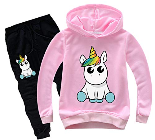 Silver Basic Unisex Einhorn Jogginganzüge Mädchen Baumwolle Fun-Bekleidung Kinder Kapuzenpullover & Hosen Sets Jungen Langarm Hoodie (120 (Höhe 95-105cm), Pink-1) von Silver Basic