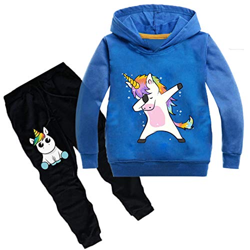 Silver Basic Unisex Einhorn Jogginganzüge Mädchen Baumwolle Fun-Bekleidung Kinder Kapuzenpullover & Hosen Sets Jungen Langarm Hoodie (130 (Höhe 105-115cm), Blue) von Silver Basic