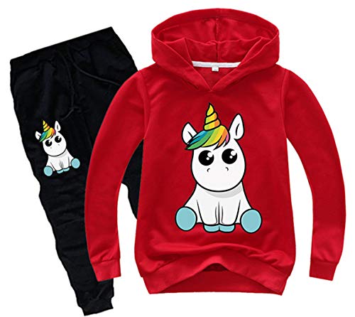 Silver Basic Unisex Einhorn Jogginganzüge Mädchen Baumwolle Fun-Bekleidung Kinder Kapuzenpullover & Hosen Sets Jungen Langarm Hoodie (140 (Höhe 115-125cm), Red-1) von Silver Basic