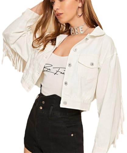 Silver Basic Weiße Damen Fransen Design Denim Jacke-White-L1 von Silver Basic