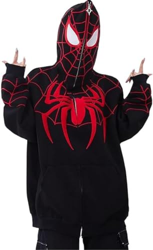 Silver Basic Y2K Herren Full Zip Up Reißverschluss Casual Langarm Classic Spider Hero Hoodie-BlackRed-2XL1 von Silver Basic