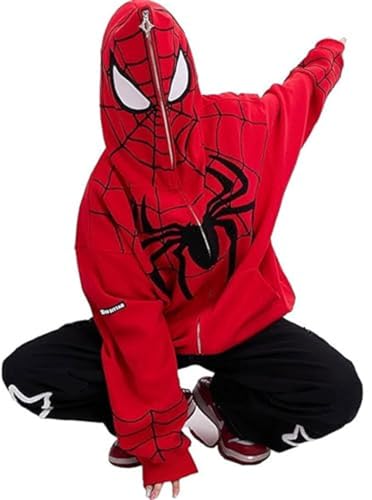 Silver Basic Y2K Herren Full Zip Up Reißverschluss Casual Langarm Classic Spider Hero Hoodie-RedBlack-L1 von Silver Basic