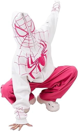 Silver Basic Y2K Herren Full Zip Up Reißverschluss Casual Langarm Classic Spider Hero Hoodie-WhitePink-S1 von Silver Basic