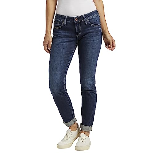 Silver Jeans Co. Damen Boyfriend Mid Rise Slim Leg Jeans, Deep Dark Indigo Wash, 33W x 29L von Silver Jeans Co.