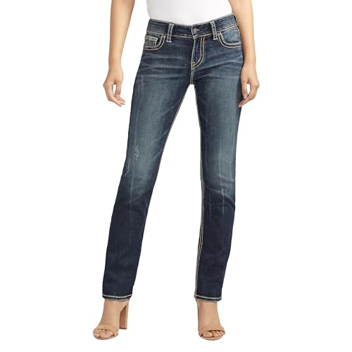 Silver Jeans Co. Damen Suki Curvy Fit Mid Rise Straight Leg Jeans, Vintage Dark Wash mit Lurex-Stich, 33W x 36L von Silver Jeans Co.