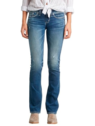 Silver Jeans Co. Damen Tuesday Low Rise Slim Bootcut Jeans, Medium Indigo Distressed, 30W x 33L von Silver Jeans Co.
