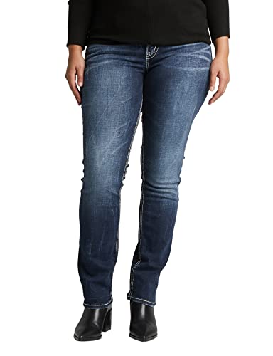 Silver Jeans Co. Damen Plus Size Suki Curvy Fit Mid Rise Straight Leg Jeans, Vintage Dark Wash mit Lurex-Stich, 24W x 32L von Silver Jeans