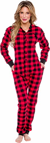 Silver Lilly Damen Oh Deer Flapjack Pyjama – Buffalo Plaid Erwachsene Einteiler PJs – Weicher, bequemer Urlaub Jumpsuit, Rot/Schwarz, S von Silver Lilly