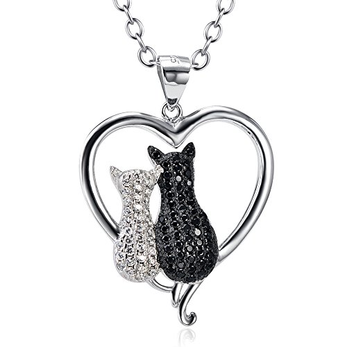 YAFEINI Damen ketten 925 Sterling Silber weiß und Schwarz Katze herze Anhänger Halskette,Geschenk für Mama von YAFEINI