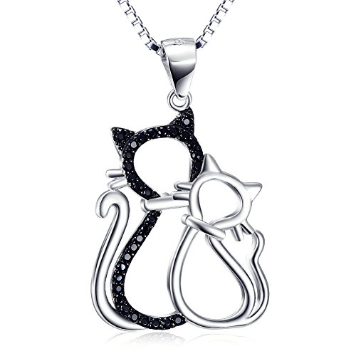 YAFEINI Schwarze Katze Anhänger Halskette 925 Sterling Silber Doppel Katze Kette Schmuck Geschenke für Damen von YAFEINI