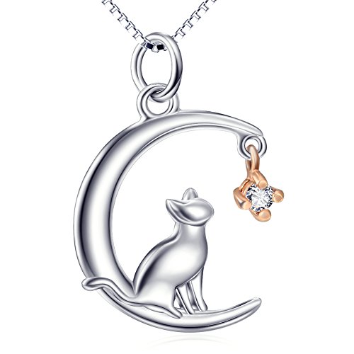 YAFEINI Damen Katze Kette Sterling Silber Mond Katze Halskette Katzenanhänger Schmuck von YAFEINI