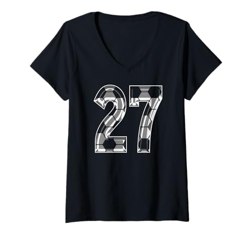 Damen Silbernes Fußballmuster Nummer 27 Trikot Spieler Uniform #27 T-Shirt mit V-Ausschnitt von Silver Soccer Number 27 Jersey Player Uniform #27