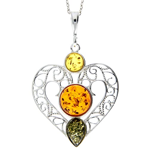 Echter baltischer Mehrfarbiger Bernstein & Sterling Silber großer ausgefallener Herz Anhänger ohne Kette - M2005M von SilverAmber Jewellery UK