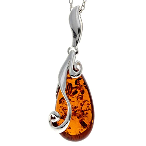Echter Teardrop Cognac Baltischer Bernstein & Sterling Silber Moderner Anhänger ohne Kette - GL2022C von SilverAmber Jewellery
