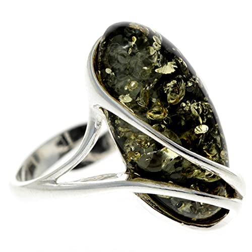 Großer verstellbarer Ring aus 925er Sterlingsilber und baltischem Grüner Bernstein - GL423GA von SilverAmber Jewellery