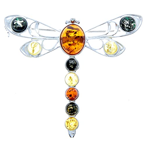 SilverAmber Jewellery - 925 Sterling Silber & echter baltischer Mehrfarbiger Bernstein Libellenbrosche 4032 von SilverAmber Jewellery