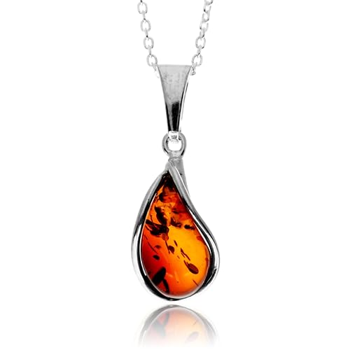 SilverAmber Jewellery Großbritannien – Moderner Anhänger in Tropfenform aus 925er Sterlingsilber und echtem baltischen Bernstein in Cognacfarbe – G235C von SilverAmber Jewellery