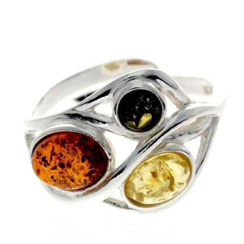 SilverAmber Jewellery Großer verstellbarer Ring aus 925er Sterlingsilber und baltischem Honig Bernstein - GL481A von SilverAmber Jewellery