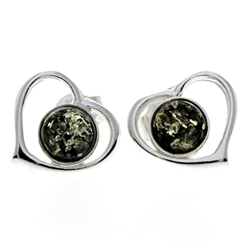 SilverAmber Jewellery UK - 925 Sterling Silber mit baltischem Grüner Bernstein - Herz Ohrstecker - 5948G von SilverAmber Jewellery
