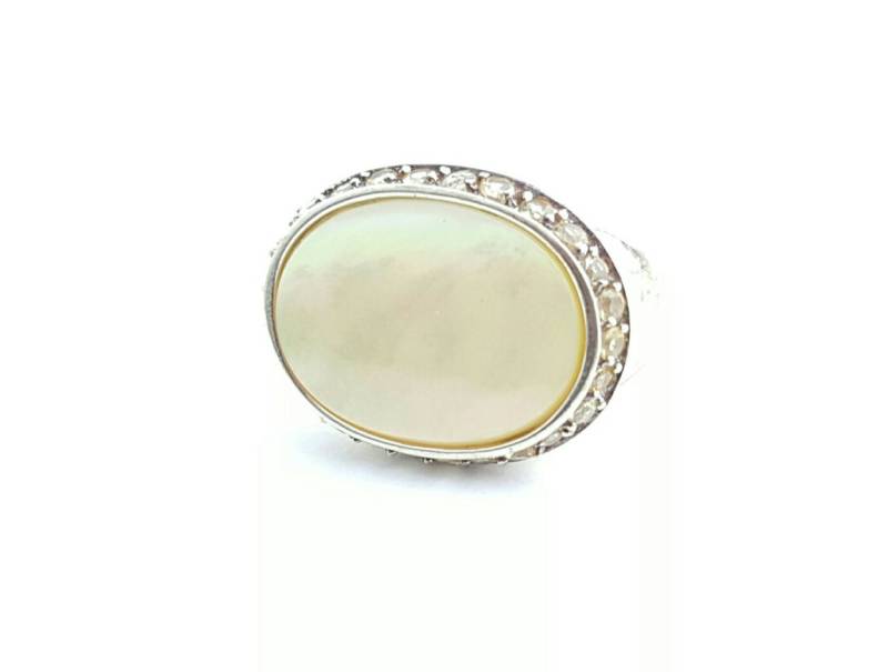 Vintage Groß Sterling Silber Perlmutt Und Edelstein Akzent Ring - Größe 8 von SilverAppleGalleries
