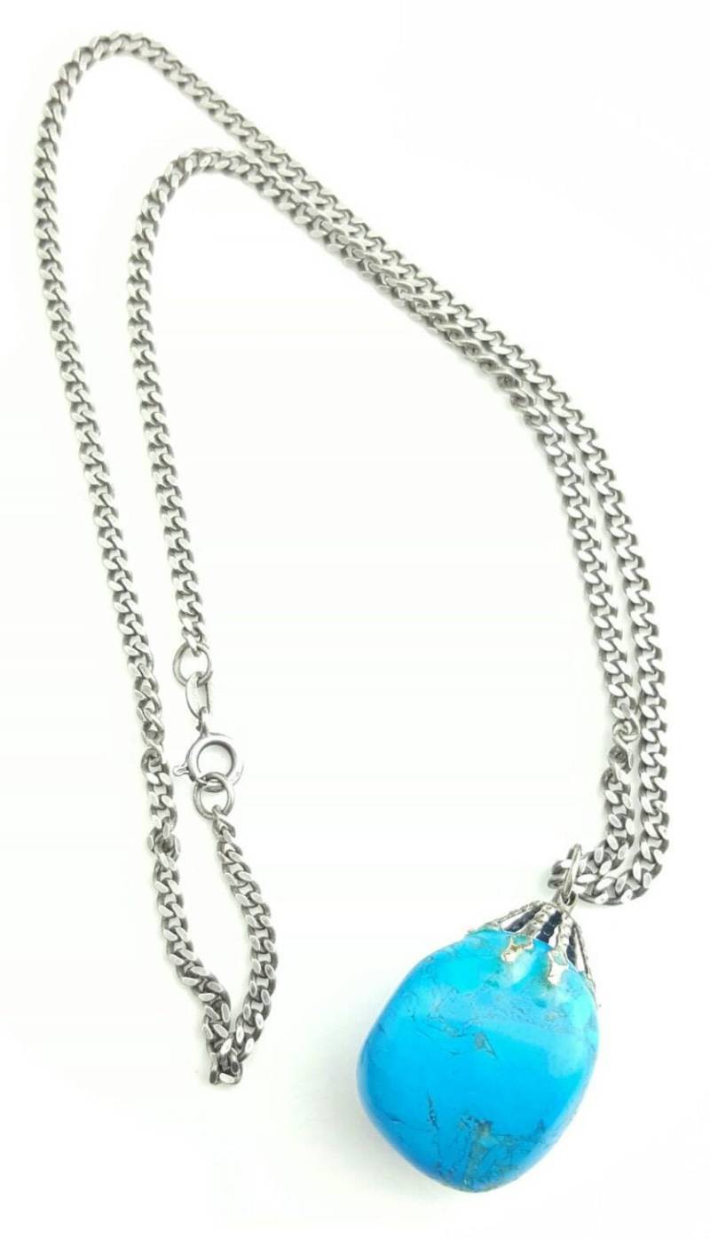 Vintage Sterling Silber Kette Mit Blau Trommelstein Anhänger - 20 Zoll Länge Vintage Sterling Silber Kette Mit Blau Trommelstein Anhänger - 20 Zoll Länge von SilverAppleGalleries