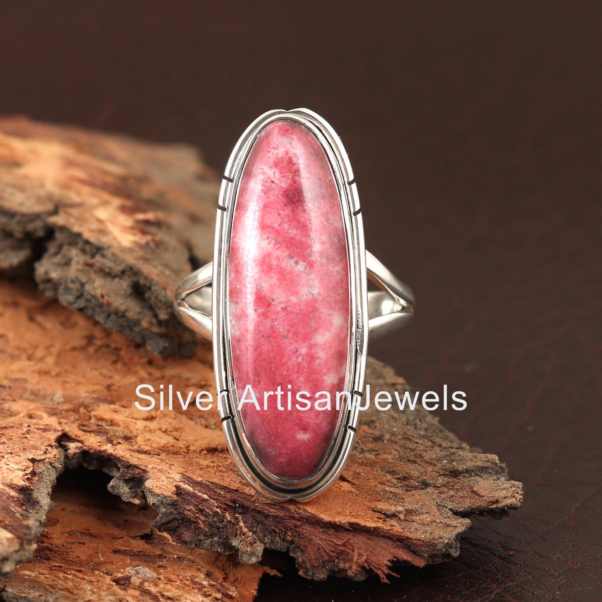 100 % Silber Ring, Rosa Thulit Natürlicher Edelstein Frauen Oxidierter Langer Ovaler Geschenk Für Sie, Im Angebot von SilverArtisanJewels