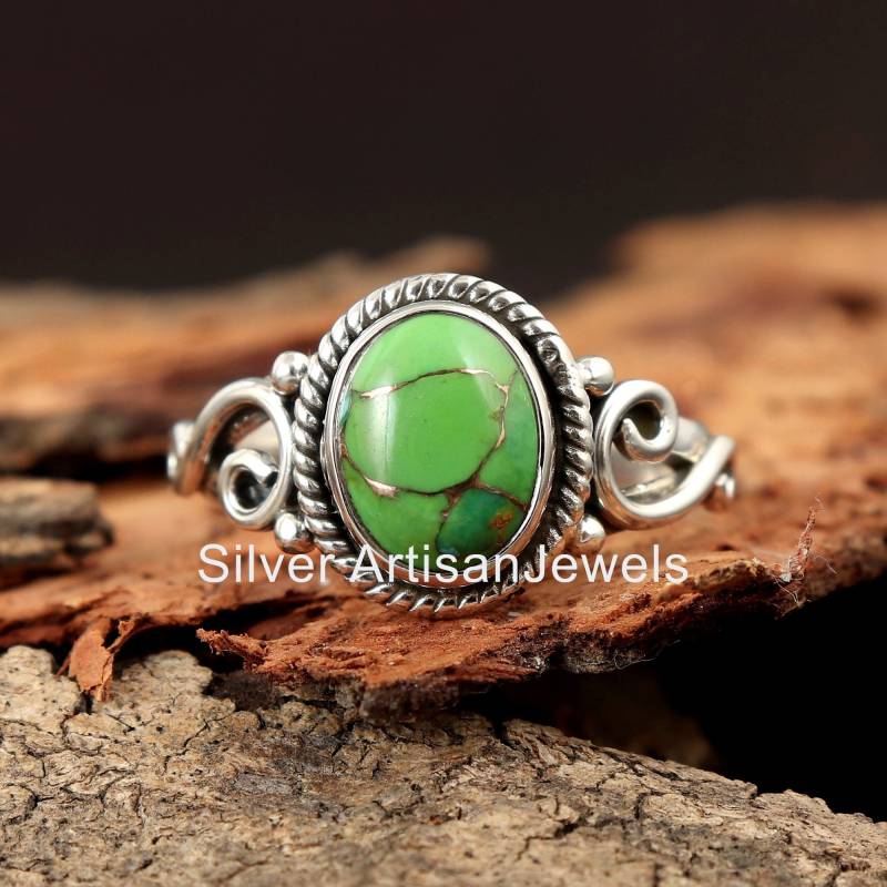 Bester Verkauf Ring Echter Grüner Kupfer Türkis Ring, Massiv Silber Frauen Gold Edelstein von SilverArtisanJewels