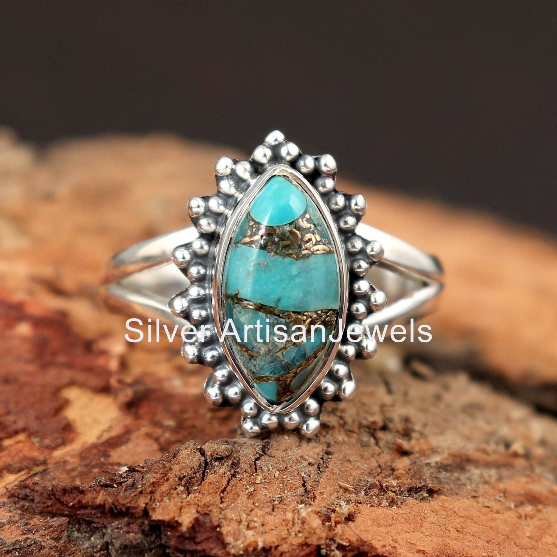 Echter Blauer Türkis Ring, Silber Boho Kupfer Sterling Edelstein Schmuck, Geschenk Frauen Ring von SilverArtisanJewels