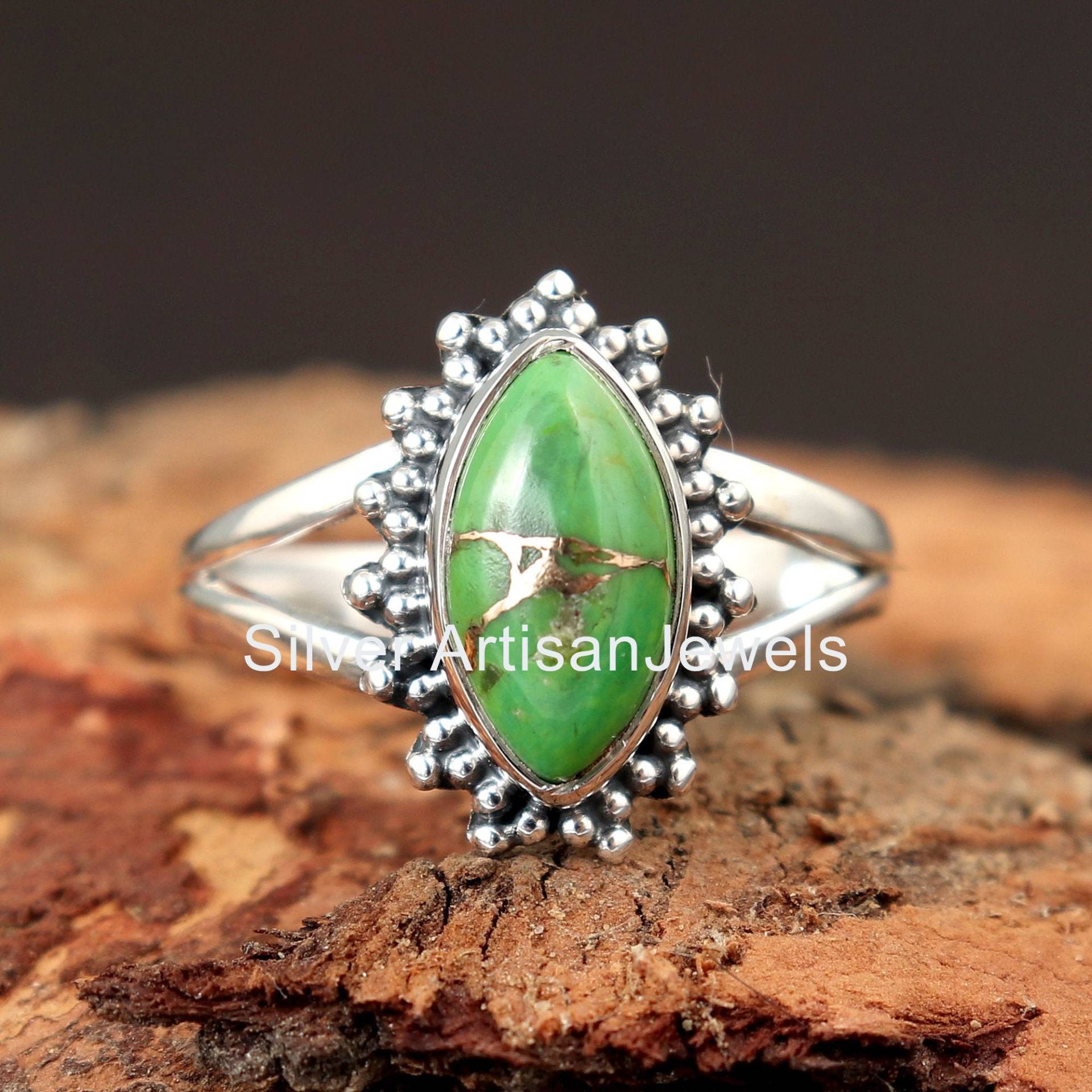 Echter Grüner Kupfer Türkis Ring, Sterling Silber Frauen Boho Edelstein Ringe von SilverArtisanJewels