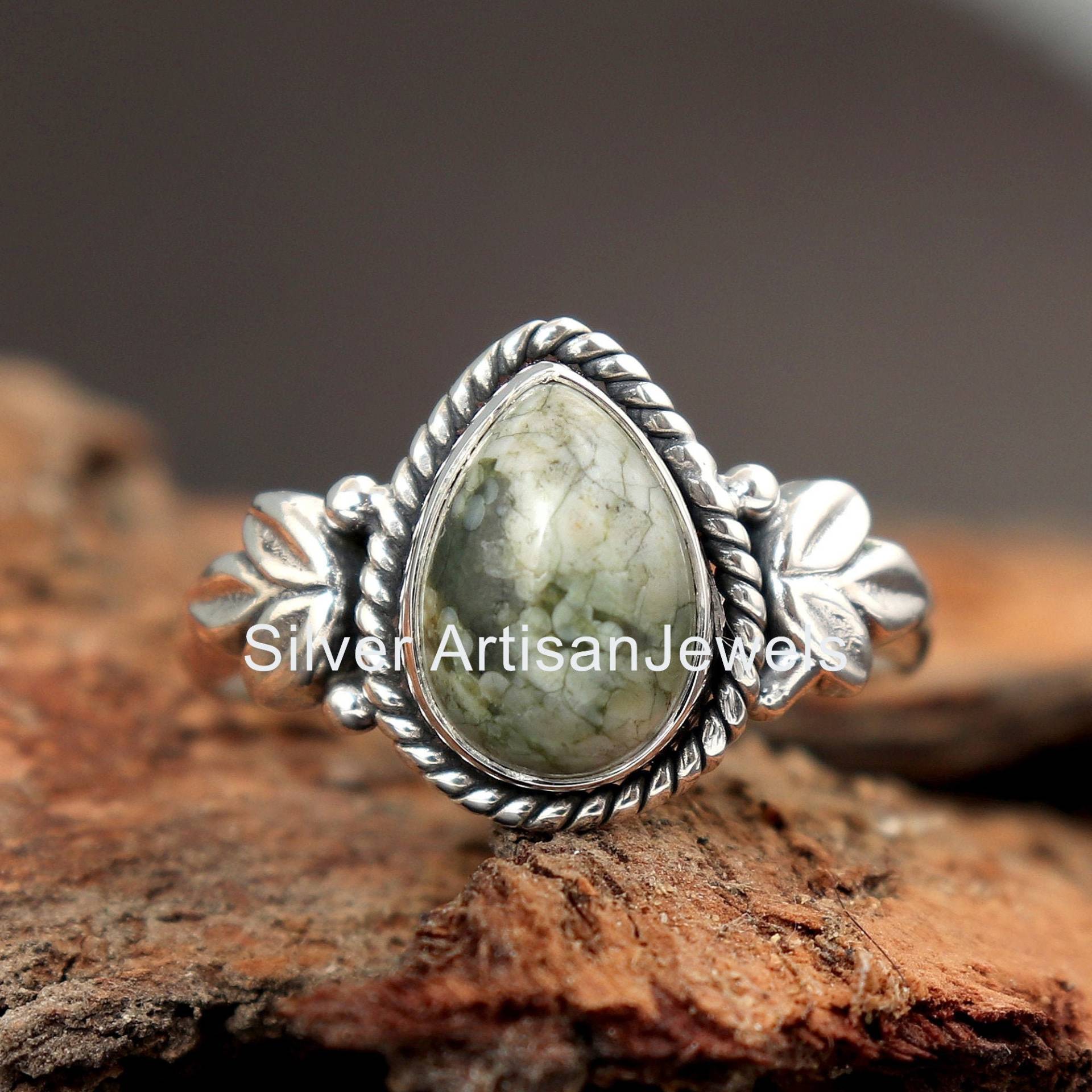 Echter Regenwald Jaspis Ring, 925 Massiver Birnen Edelstein Handgemachter Frauen Boho Schmuck, Designer Ring von SilverArtisanJewels